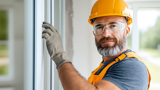 Focused construction worker in hard hat and safety glasses installing a window, ensuring a perfect fit and seal for new construction.