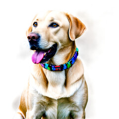 Golden Labrador dog wearing colorful collar isolated on a transparent background