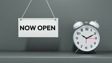 3D Render of Alarm Clock with Hanging &ldquo;NOW OPEN&rdquo; Sign &ndash; Grand Opening or Business Launch Concept on Minimal Grey Background