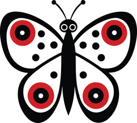 Black and white butterfly with red circular eye patterns, isolated on white background