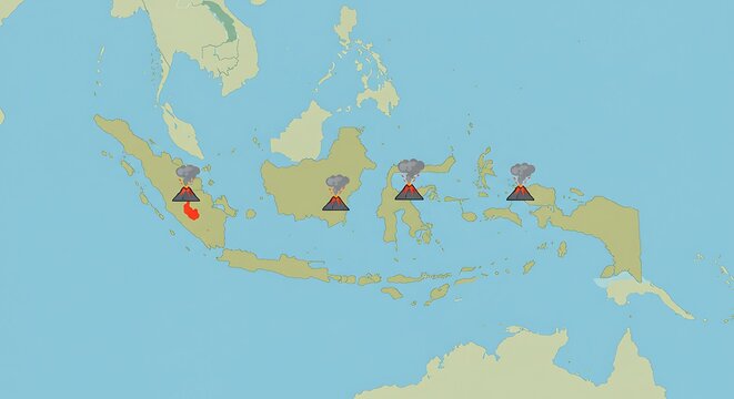 A graphic representation of volcanic activity across the Indonesian archipelago, illustrating geological hotspots on a map.