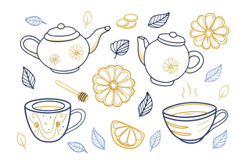 Tea Time Delight: An artistic illustration showcasing the elegance of tea time. Featuring charming teapots, a delightful cup, vibrant flowers, and refreshing lemon, with subtle leaf accents.