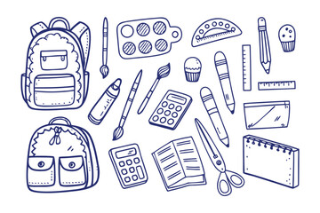 Back to School Essentials: A detailed collection of essential school supplies, showcasing a backpack, ruler, pencil, pen, calculator, notebook, paint palette and other stationary tools