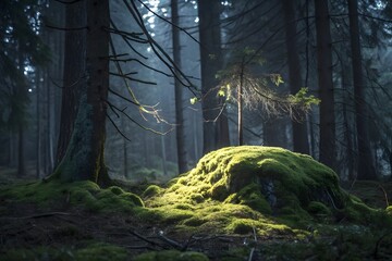 Sunlight pierces through dense forest canopy illuminating moss covered boulder and forest floor