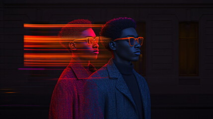 Man and his digital twin with light trails. Concept of virtual reality, metaverse, and futuristic technology. Sci-fi digital art.