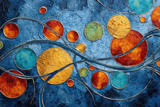 Abstract Painting With Colorful Circles And Gold Lines On Blue Background
