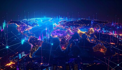 A digital world map showing glowing lines of money transfers between countries. Global fintech network connecting people instantly.