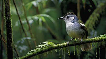 Obraz premium White-plumed Antbird on Mossy Branch in Rainforest 