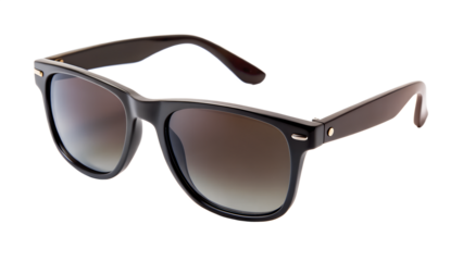 Stylish black sunglasses with brown gradient lenses on transparent background