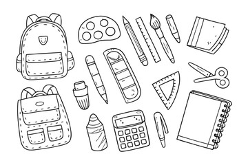 School Essentials: A charming collection of essential school supplies, perfectly arranged to inspire creativity and learning. Featuring backpacks, drawing tools, and stationery.