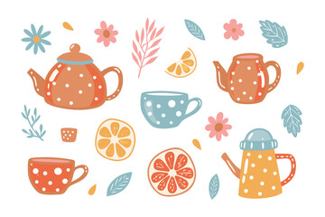 Tea Time Delight: A whimsical array of colorful tea sets and citrus slices, perfect for a cozy afternoon. 