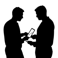 Silhouette of two men analyzing data on tablet, standing face to face, a bold contrast. Silhouette shows collaboration and discussion, examining a graph displayed on screen.