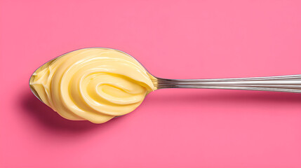 Spoon resting on pink background with swirls of mayonnaise