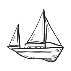 Whimsical sketch of a sailing ship with two masts and three sails. Ideal for nautical designs, children’s books, invitations, and vintage marine decor.
