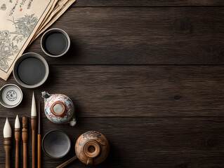 Traditional Chinese Calligraphy Art Supplies with Ink and Brushes on Wooden Table Displaying Creative Expression