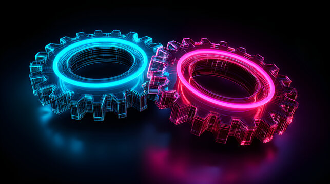 Two glowing neon gears meshing together on dark background