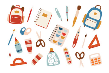 Artistic Tools and Essentials: A collection of various school and office tools, pens, brushes, bag. each item in the composition adds to the image's vibrant and creative quality.