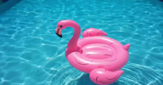 Pink Inflatable Flamingo Floating in Pool