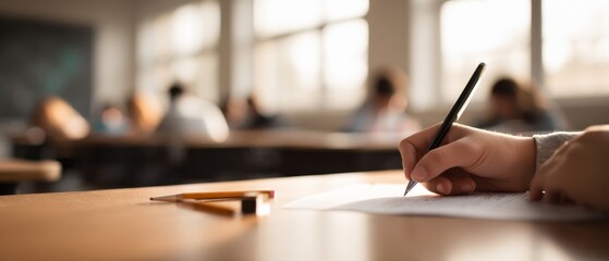 The student diligently writing notes in a classroom during an examination.