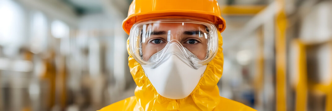 Factory worker in protective gear: hardhat, goggles, and mask. Focused gaze. Safety first for a secure work environment and protection from hazardous materials.
