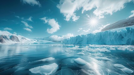 Antarctic Glacier Serenity: Sunlit Icebergs and Azure Waters