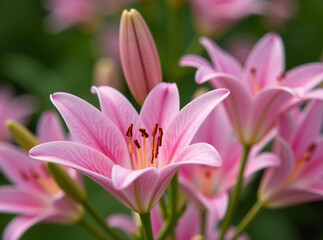 Fototapeta premium Beautiful pink lily flowers in soft colors, blurred background, delicate bokeh effect.