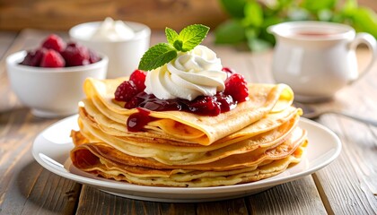 Delicious Stack of Crepes with Raspberry Sauce and Whipped Cream