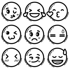 Outline-style grid of nine emoji icons, each representing a different emotion or expression. Related to digital applications, including social media platforms, messaging apps, and user interfaces