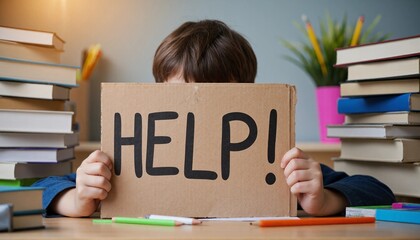 Young student overwhelmed by studies, holding a 'HELP!' sign at a desk with many books