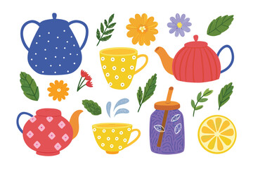 Tea Time Delight: A whimsical assortment of teapots, cups, and floral elements, celebrating the simple pleasure of a cozy tea party.