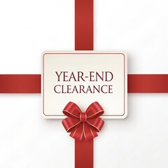 YearEnd Clearance Announcement Displayed with Red Ribbon and Bow on a White Background