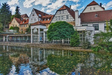 Scenic Autumn Village by Lake Birkensee with Timber Framed Houses