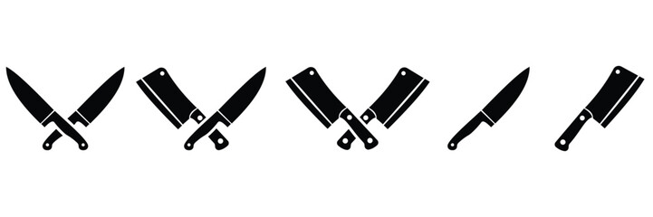 Meat cutting knives set. Set of butcher meat knives vector. Restaurant or cafe kitchen slicing knives, chef stainless knife set