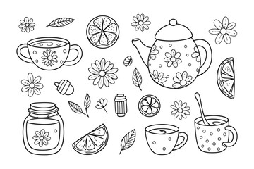 Floral Tea Time Illustration: A delightful hand-drawn illustration features a teapot, teacups, chamomile flowers, lemon slices, and a jar of honey.