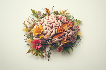 Fototapeta premium brain surrounded by colorful flowers and autumn leaves