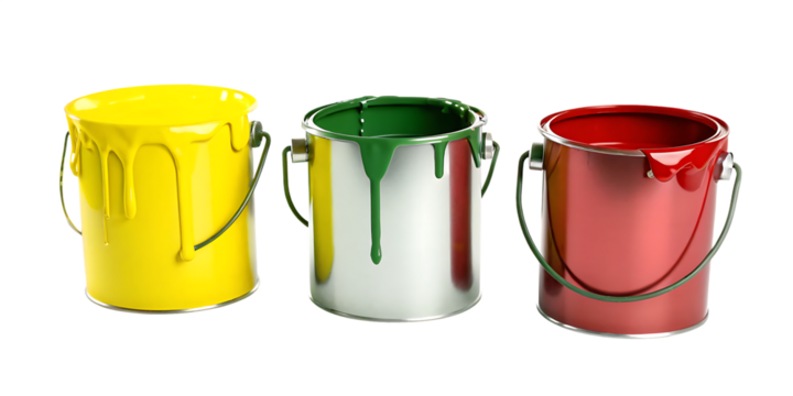 Yellow green red paint buckets dripping isolated on a transparent background dripping paint