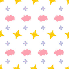 Cute Clouds Stars and Flowers Seamless Pattern