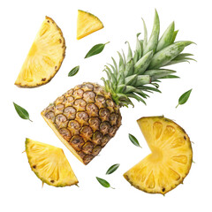 Fresh pineapple slices and whole fruit isolated on transparent background