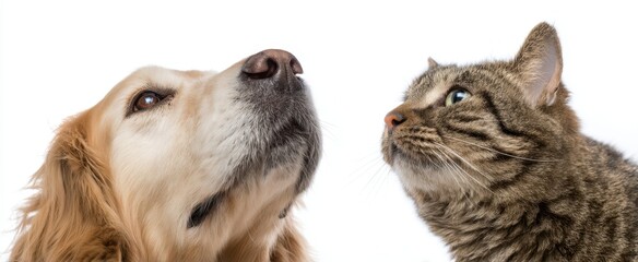 Fototapeta premium The dog and cat gazing at each other in a heartwarming portrait.