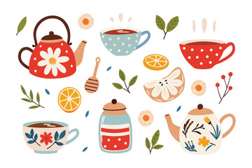 Tea Time Treasures: A delightful collection of floral teapots, patterned teacups, and fresh fruit accents, offering a warm invitation to a relaxing tea experience.