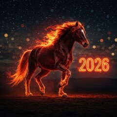 Fiery horse with glowing mane and tail running at night, with number 2026 for Chinese New Year. Majestic animal for zodiac calendar.