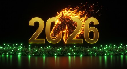 Golden 2026 number with flaming horse head for New Year. Chinese zodiac horse symbol for greeting card.