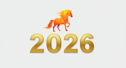 Golden 2026 text with a horse in fiery watercolor texture. Chinese new year of the fire horse concept. For greeting card.