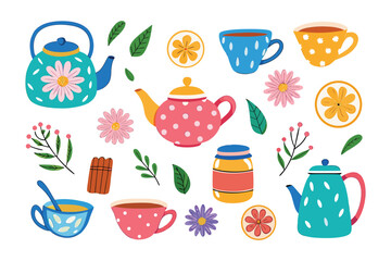 Tea Party Elements: A delightful collection of hand-drawn illustrations showcasing the charming elements of a cozy tea party, inviting viewers into a world of warmth, elegance, and culinary art.