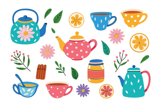 Tea Party Elements: A delightful collection of hand-drawn illustrations showcasing the charming elements of a cozy tea party, inviting viewers into a world of warmth, elegance, and culinary art.