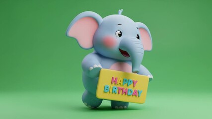 3D Elephant Holding Birthday Board - Green Screen Background