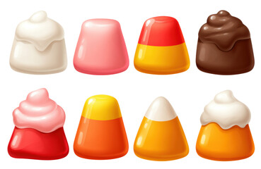 A colorful assortment of candy shapes displayed in various vibrant colors and textures.