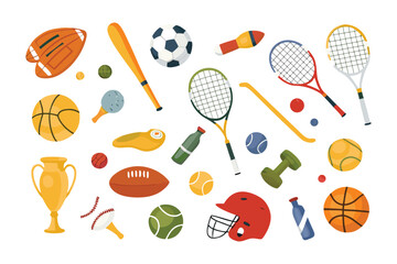 Assorted Sports Equipment: A dynamic collection of sports equipment, from baseball bats and basketballs to tennis rackets and soccer balls, arranged in a vibrant array.