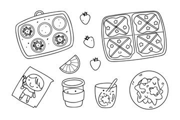Breakfast Doodle Delights: A playful, illustrative assortment of breakfast elements arranged in a lively top-down perspective.