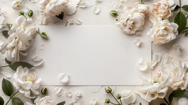 A stunning top view photo of a blank invitation card surrounded by delicate white roses and petals on a light background. - Powered by Adobe